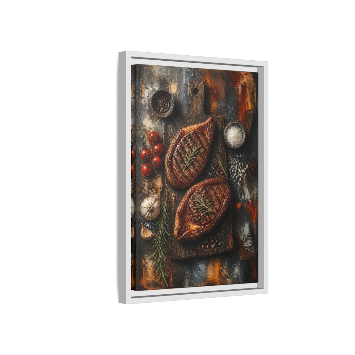 Side Mockup 4. Rustic Grilled Steak Duo shown as framed canvas print