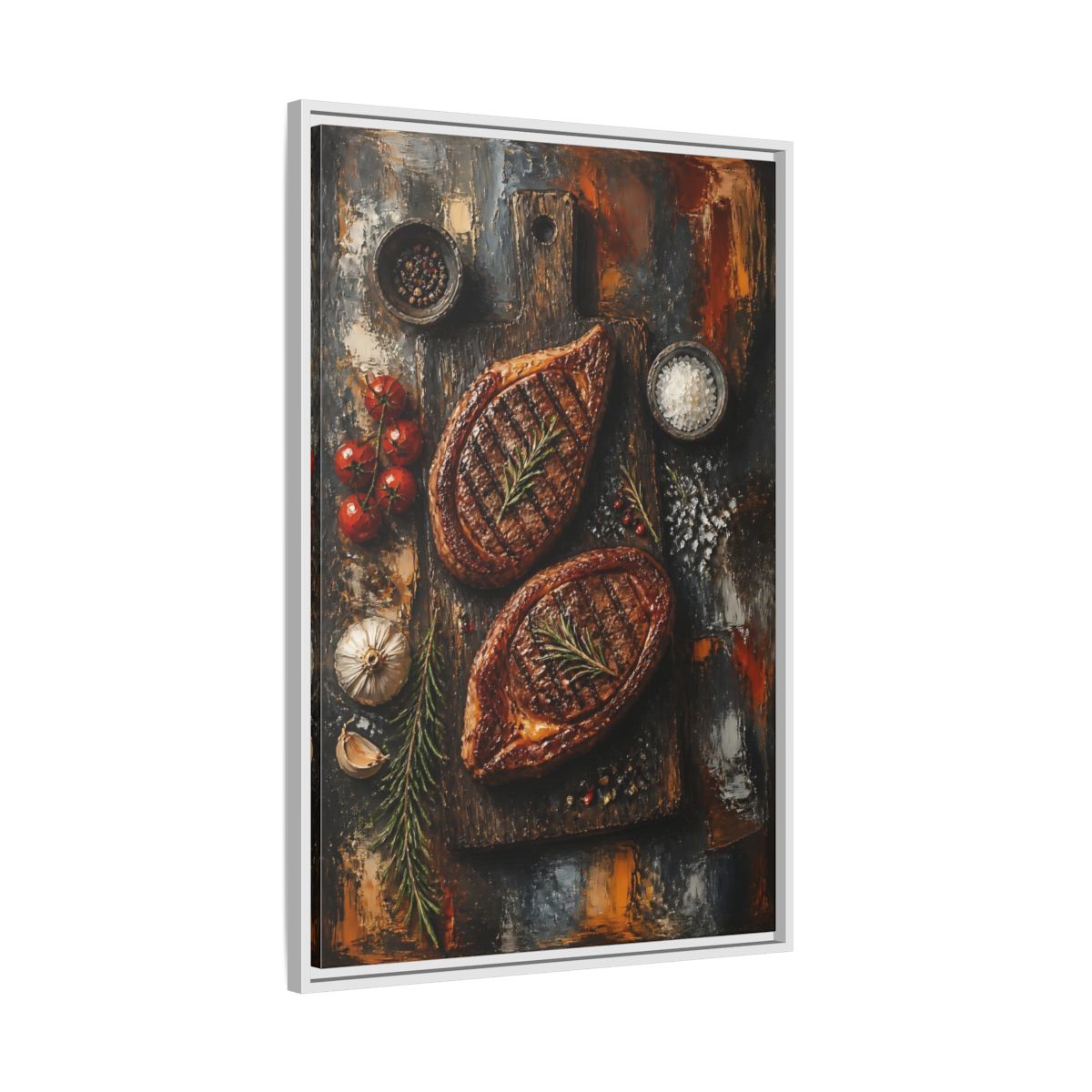 Side Mockup 9. Rustic Grilled Steak Duo shown as framed canvas print