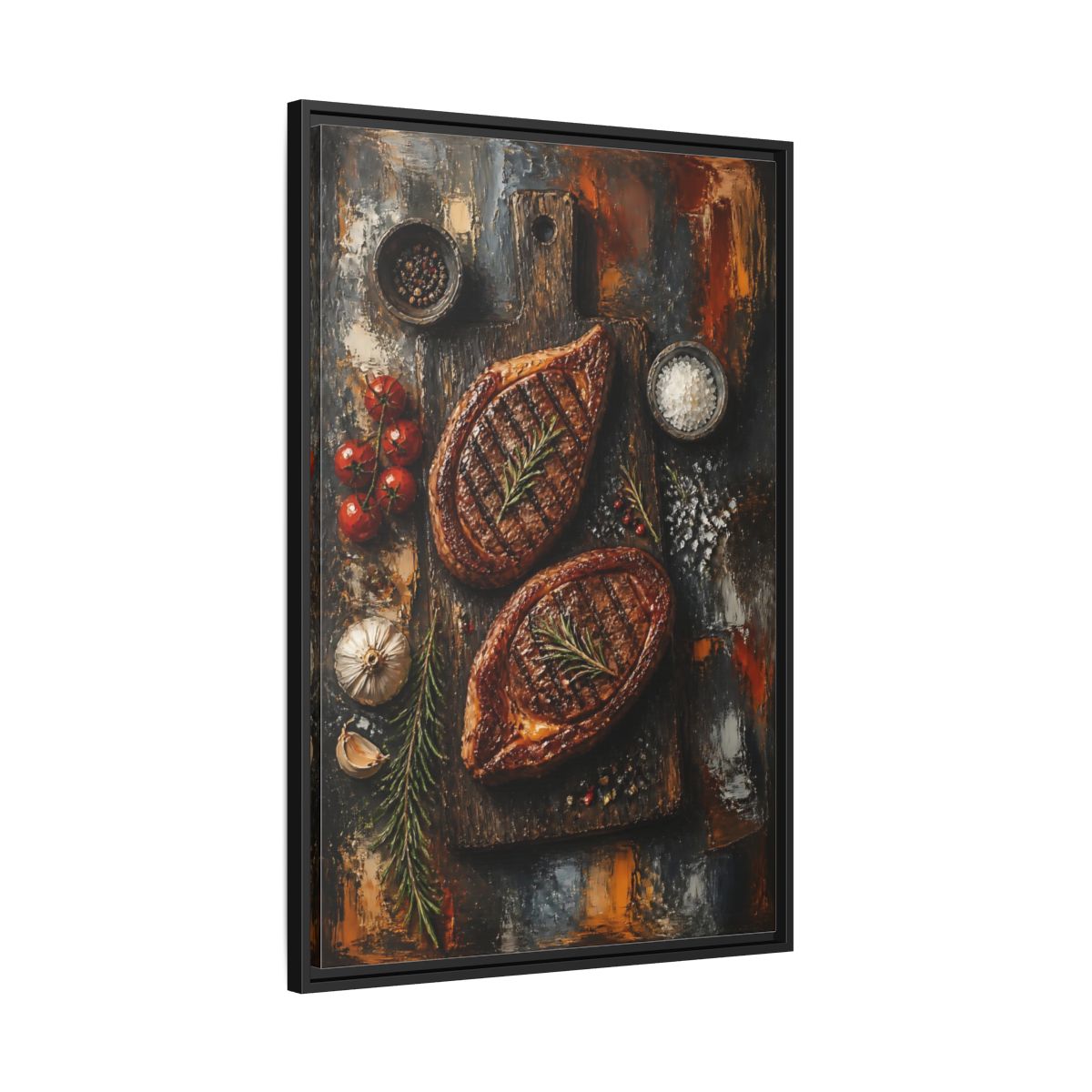 Side Mockup 13. Rustic Grilled Steak Duo shown as framed canvas print