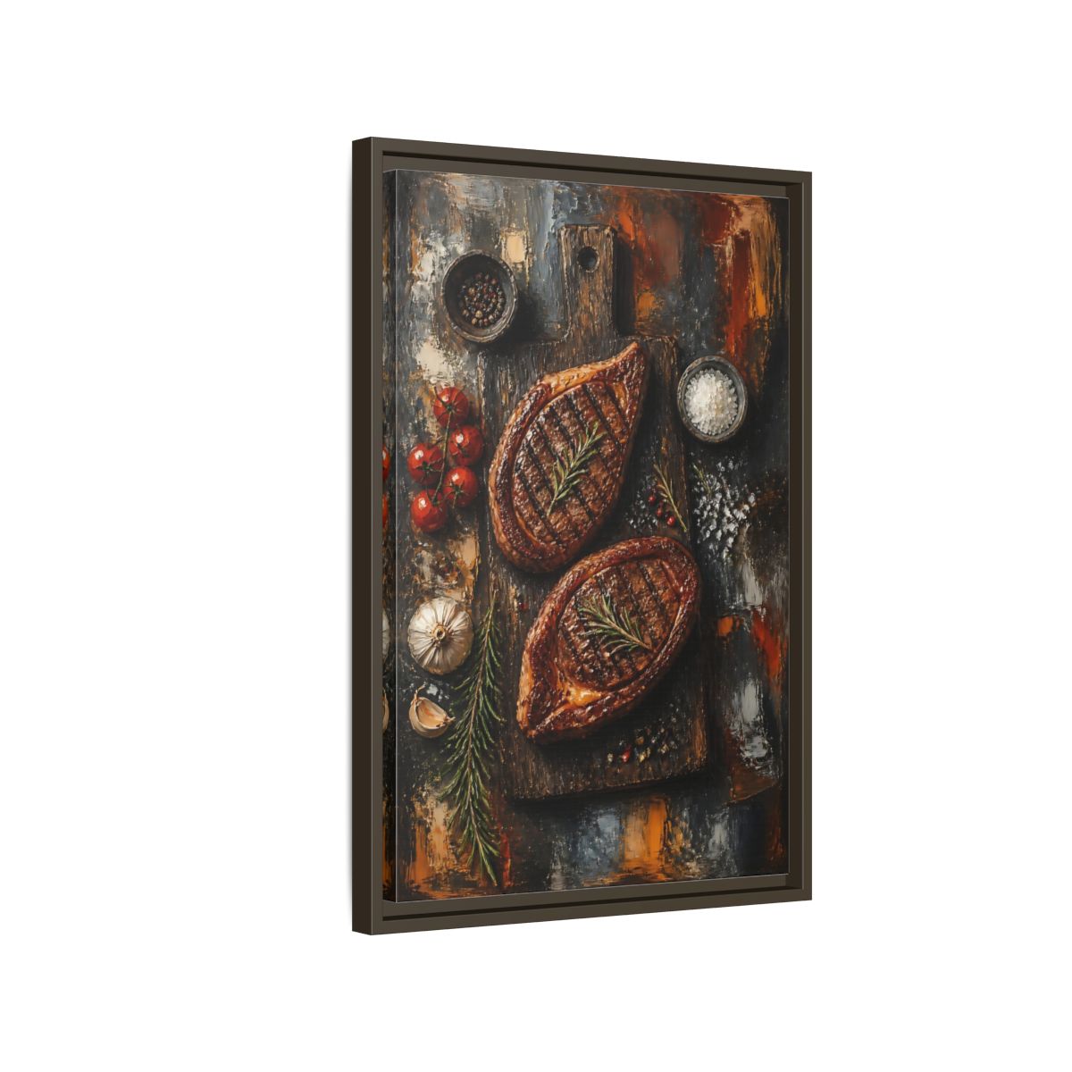 Side Mockup 2. Rustic Grilled Steak Duo shown as framed canvas print