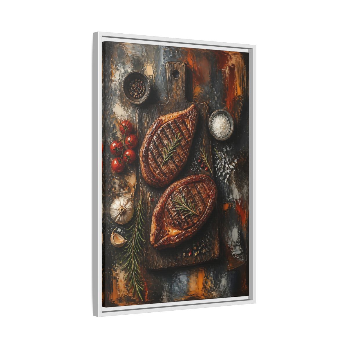 Side Mockup 10. Rustic Grilled Steak Duo shown as framed canvas print