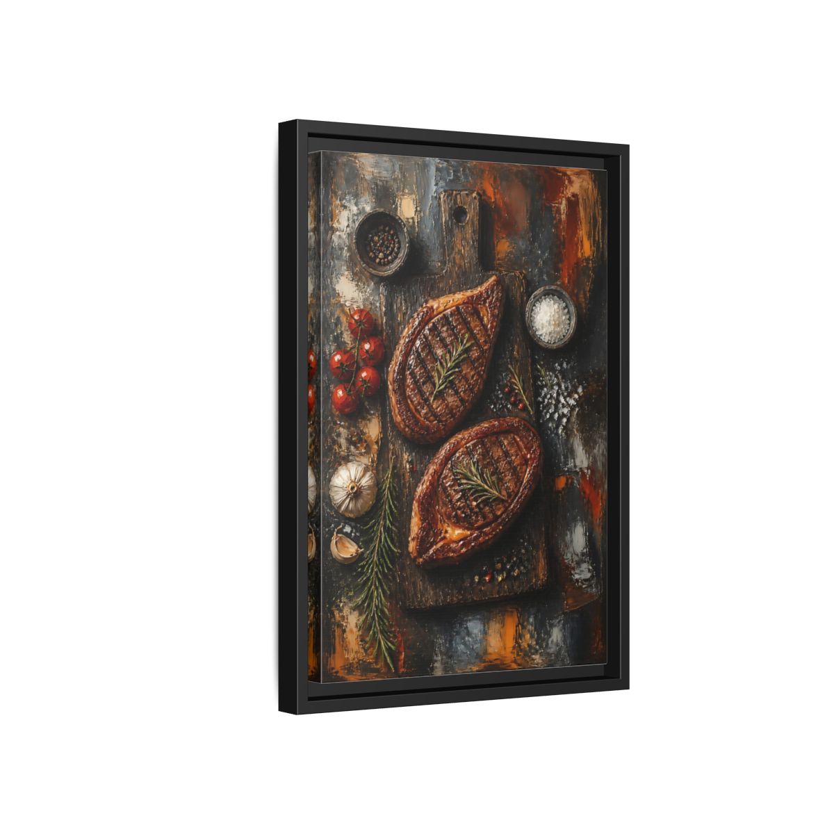 Side Mockup 6. Rustic Grilled Steak Duo shown as framed canvas print