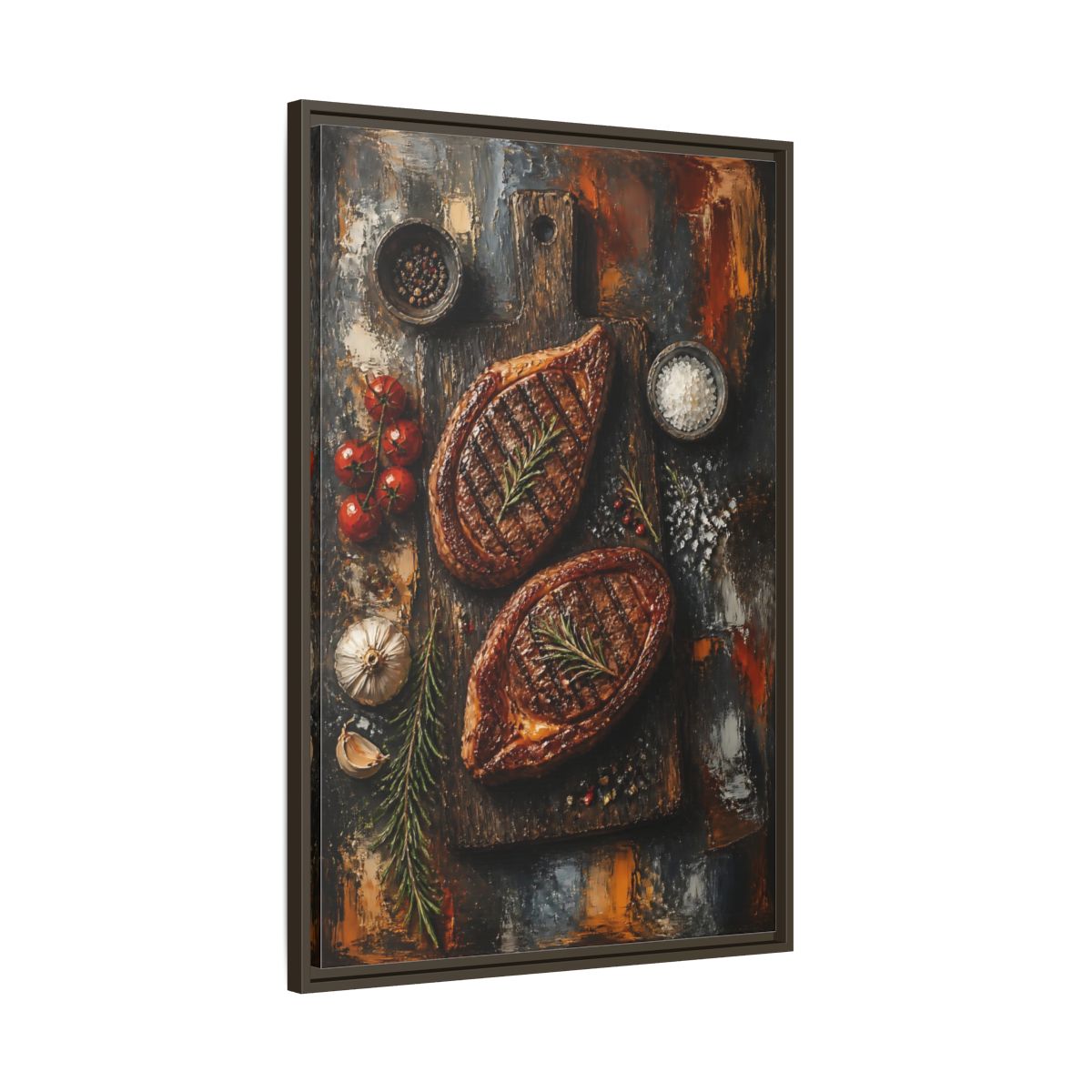 Main Mockup. Rustic Grilled Steak Duo shown as framed canvas print