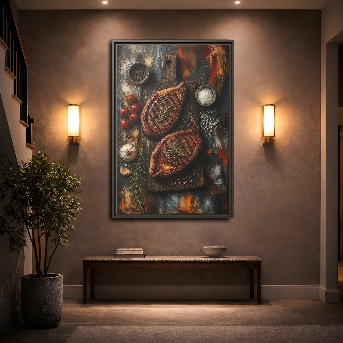 Mockup 2. Rustic Grilled Steak Duo shown as framed canvas print