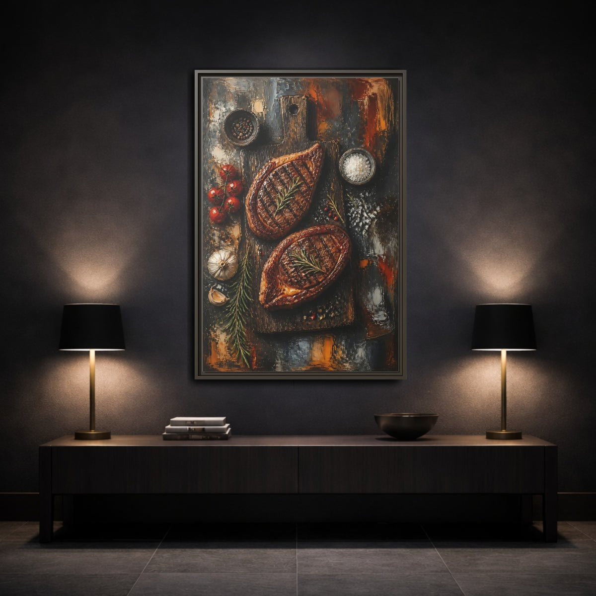 Mockup 3. Rustic Grilled Steak Duo shown as framed canvas print