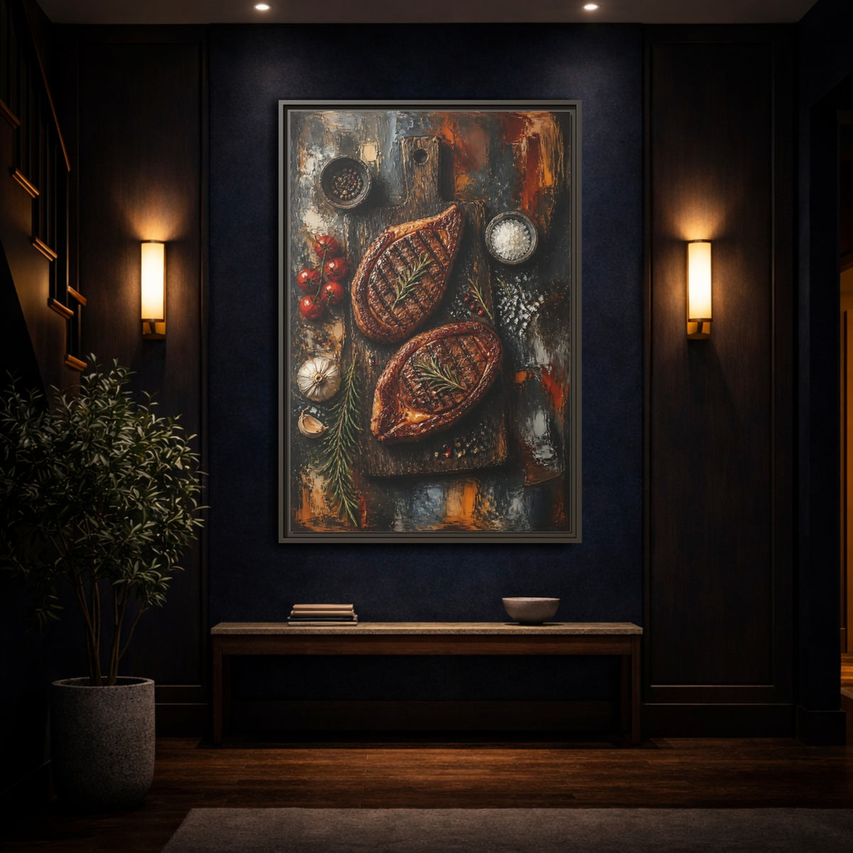 Mockup 4. Rustic Grilled Steak Duo shown as framed canvas print