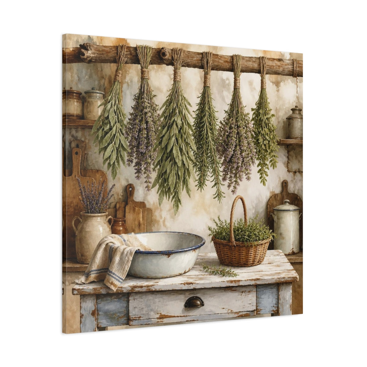 Side Mockup 1. Rustic Hanging Herb Bundles shown as canvas print