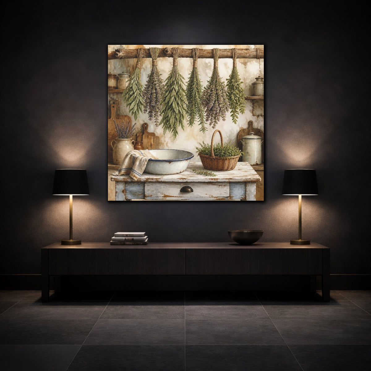 Mockup 3. Rustic Hanging Herb Bundles shown as canvas print