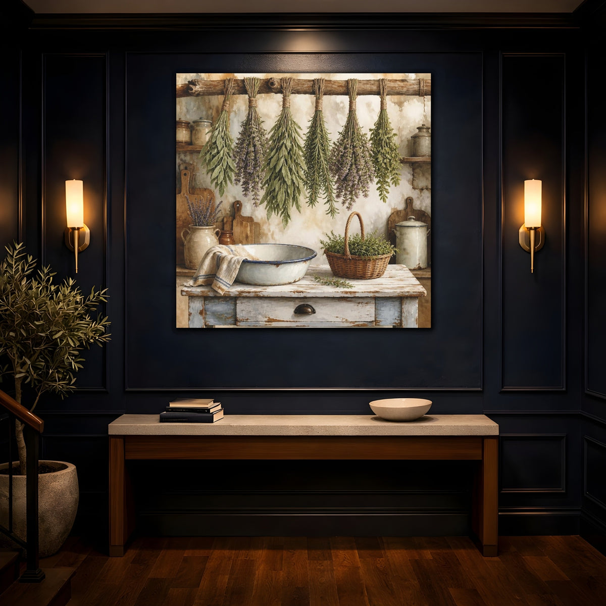 Mockup 4. Rustic Hanging Herb Bundles shown as canvas print