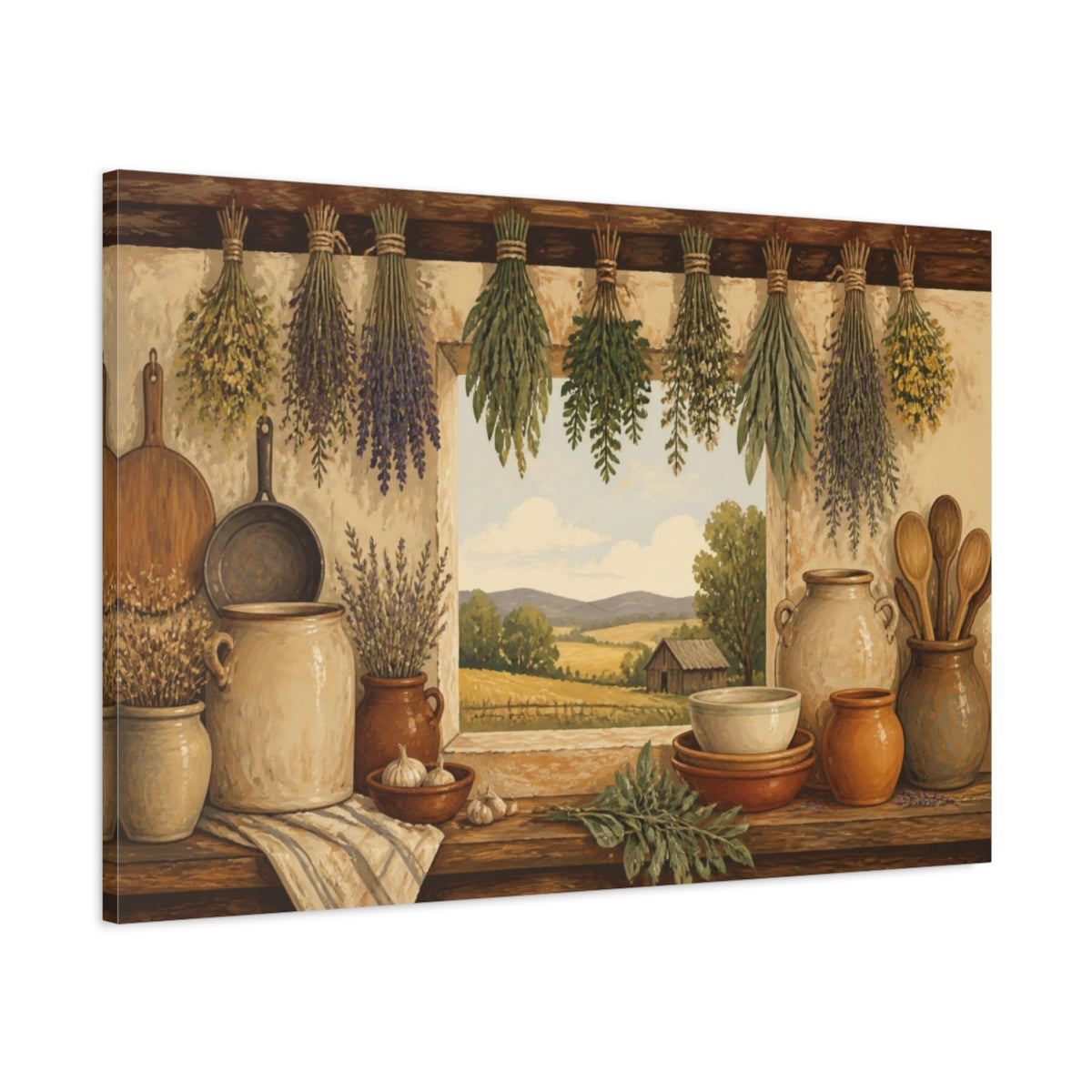 Main Mockup. Rustic Hanging Herbs shown as canvas print