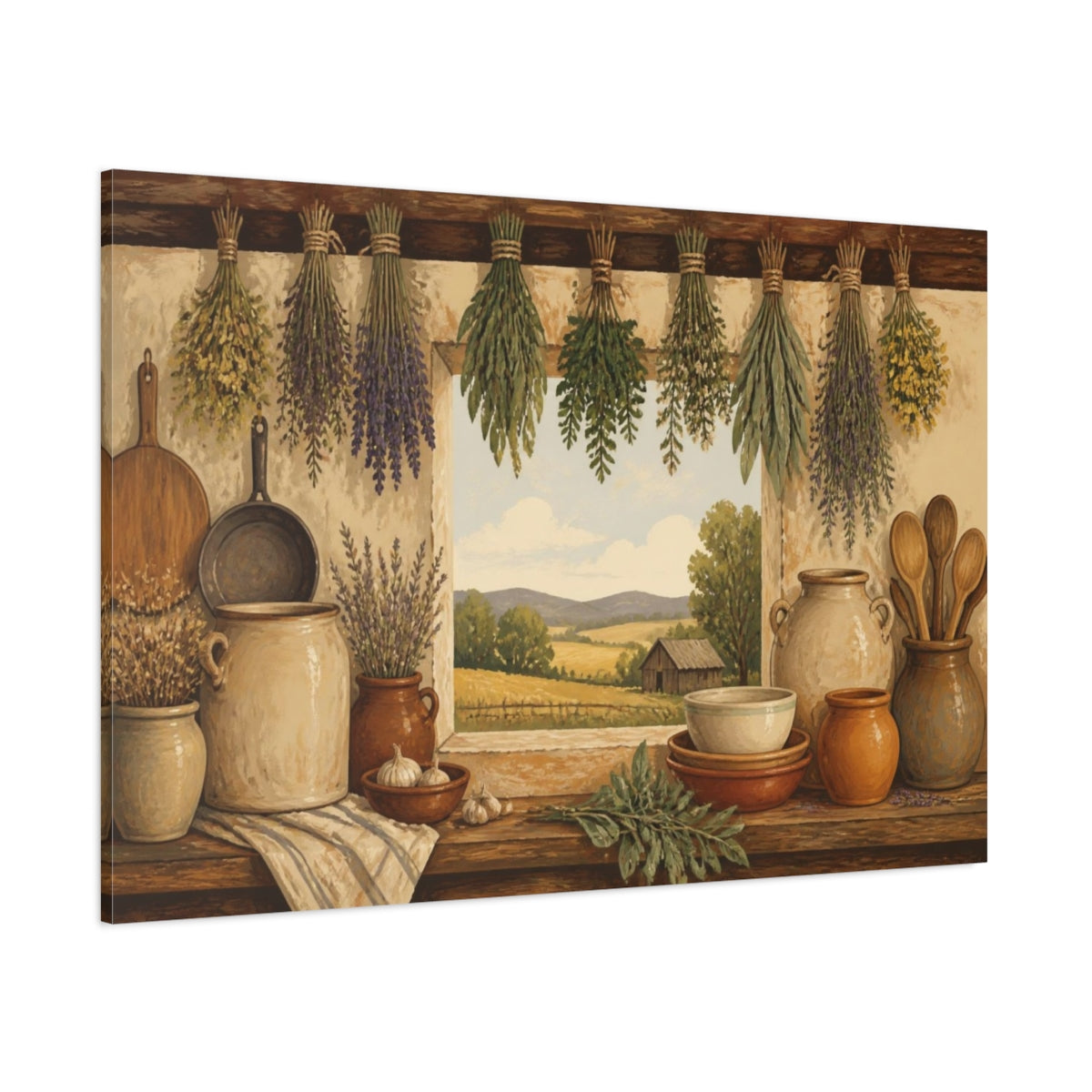 Side Mockup 1. Rustic Hanging Herbs shown as canvas print