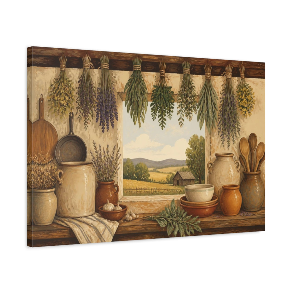 Side Mockup 2. Rustic Hanging Herbs shown as canvas print