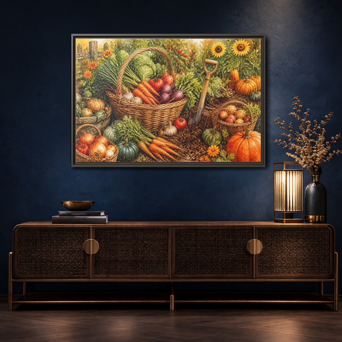 Mockup 4. Rustic Harvest Basket shown as framed canvas print