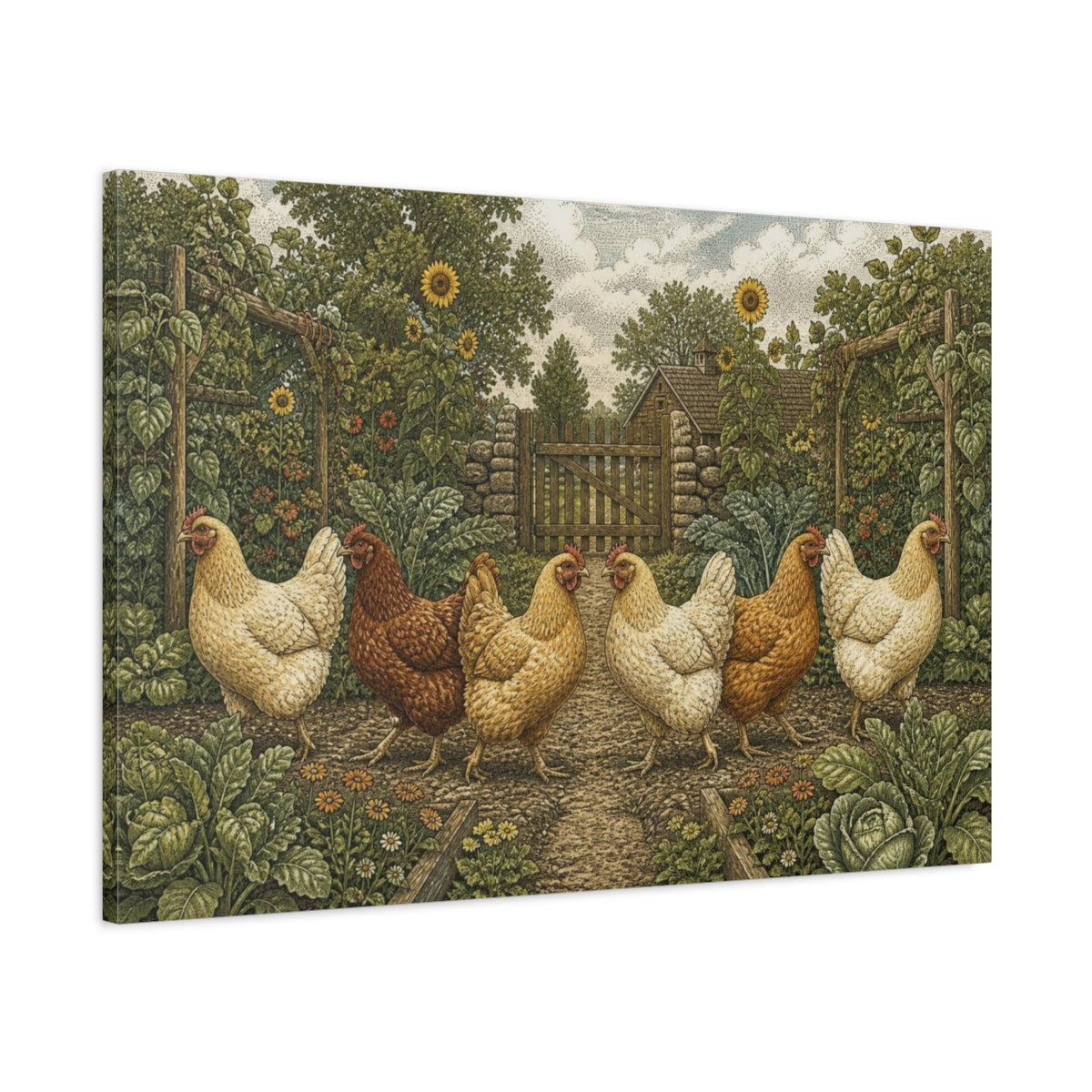Main Mockup. Rustic Hens Crossing shown as canvas print