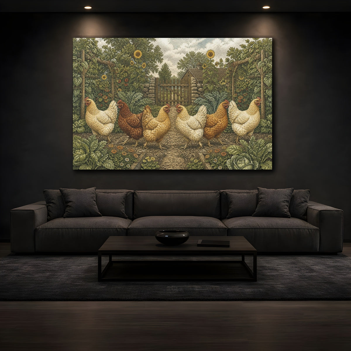 Mockup 3. Rustic Hens Crossing shown as canvas print