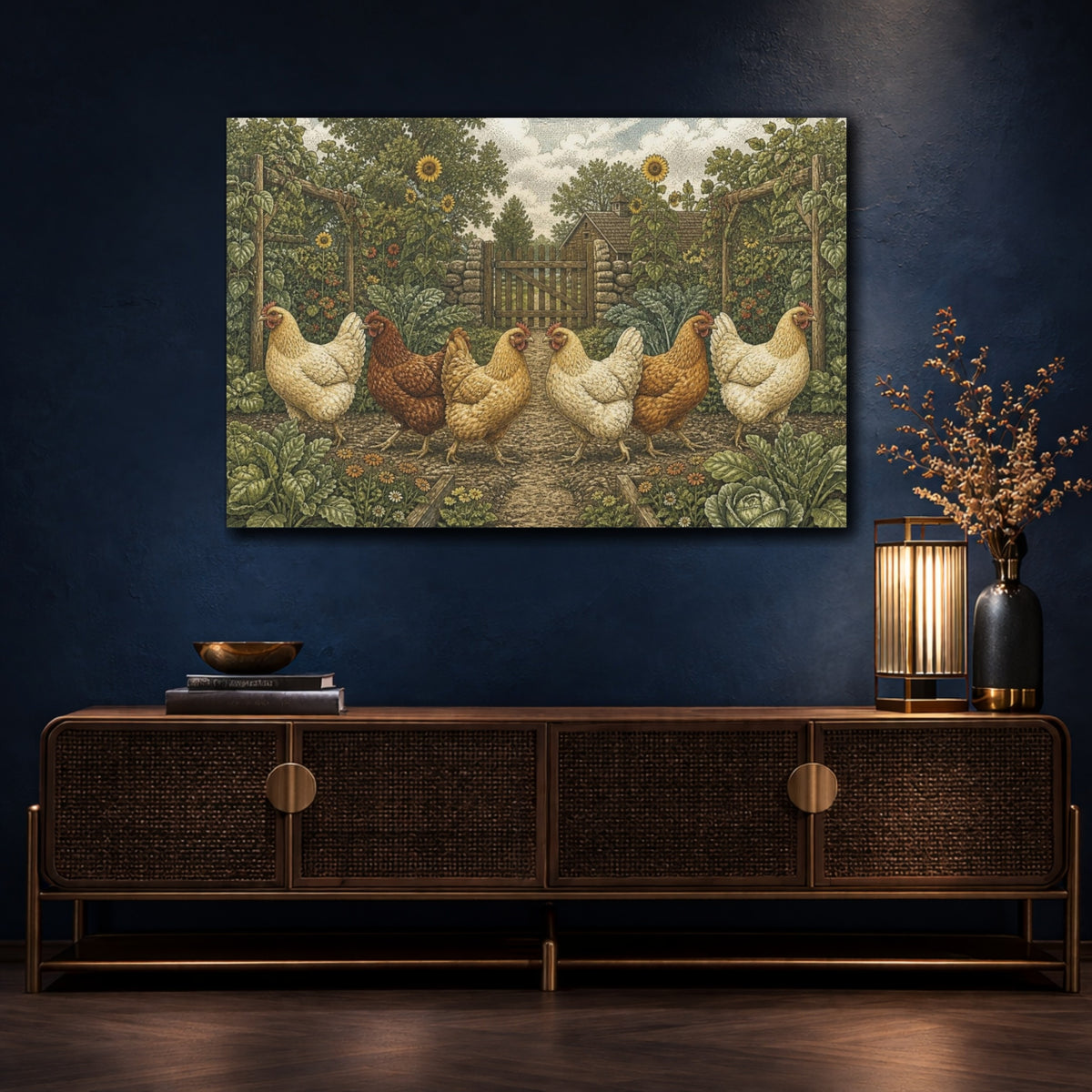 Mockup 4. Rustic Hens Crossing shown as canvas print