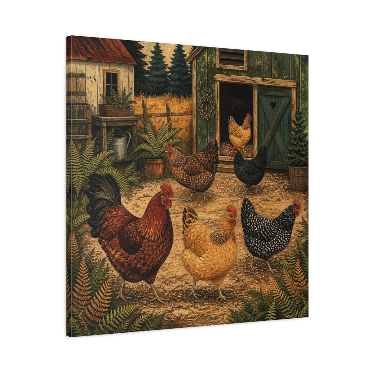 Main Mockup. Rustic Heritage Hens shown as canvas print