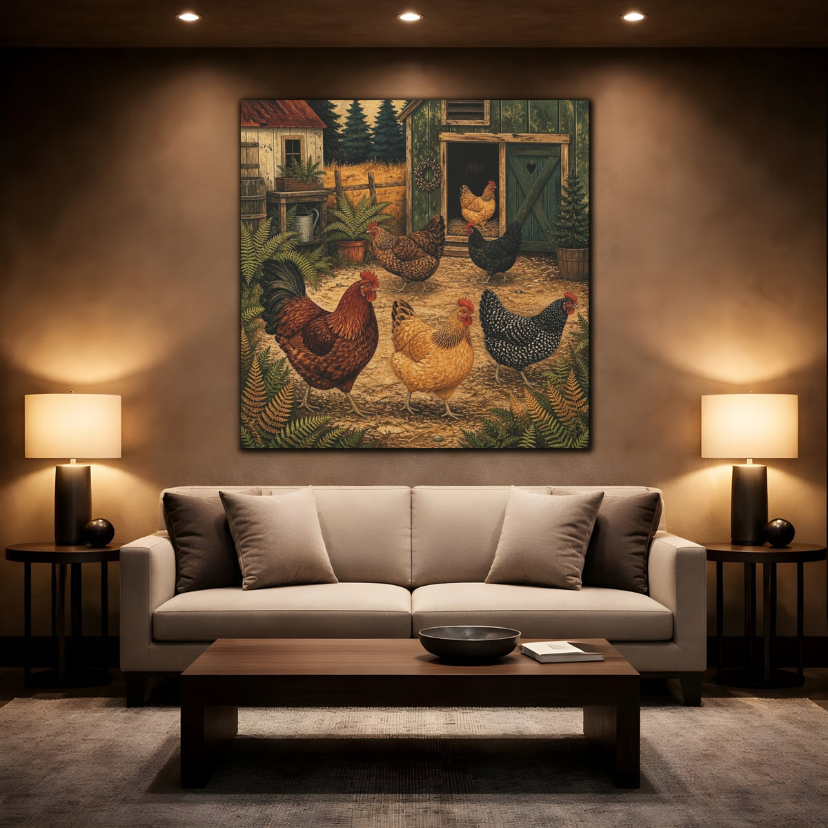Mockup 2. Rustic Heritage Hens shown as canvas print