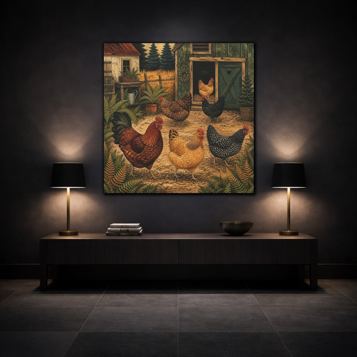 Mockup 3. Rustic Heritage Hens shown as canvas print
