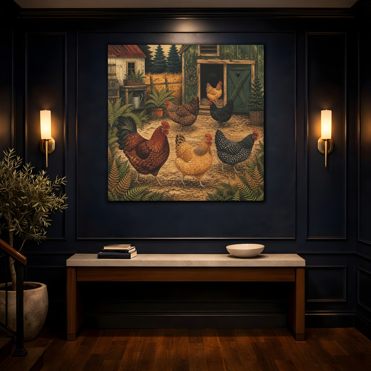 Mockup 4. Rustic Heritage Hens shown as canvas print