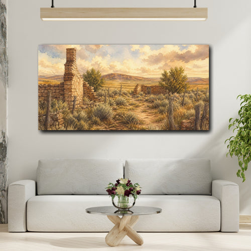 Mockup 2. Rustic Homestead Ruins shown as canvas print