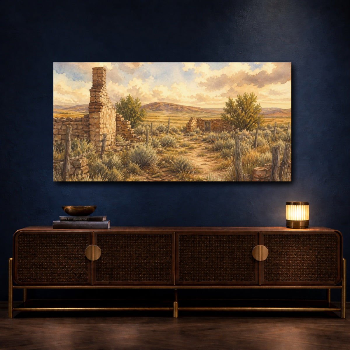 Mockup 4. Rustic Homestead Ruins shown as canvas print