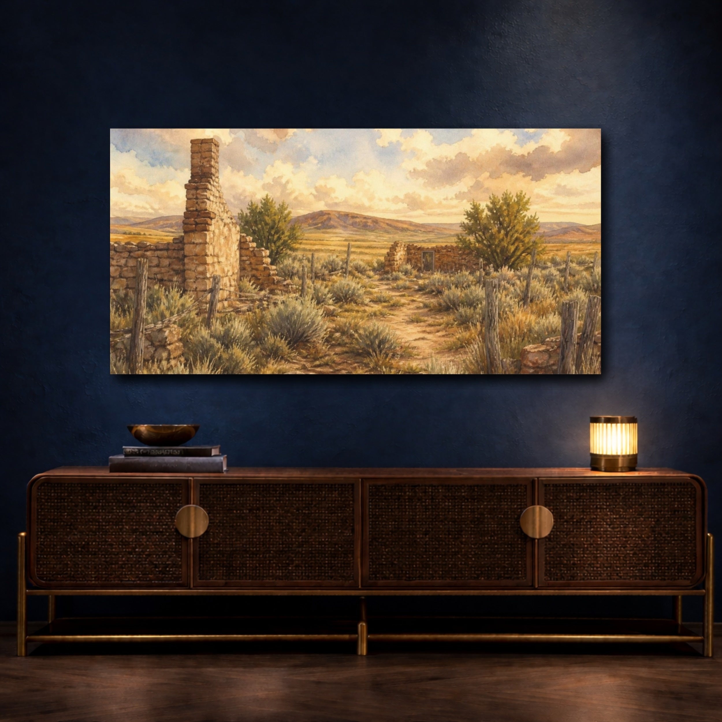 Mockup 4. Rustic Homestead Ruins shown as canvas print