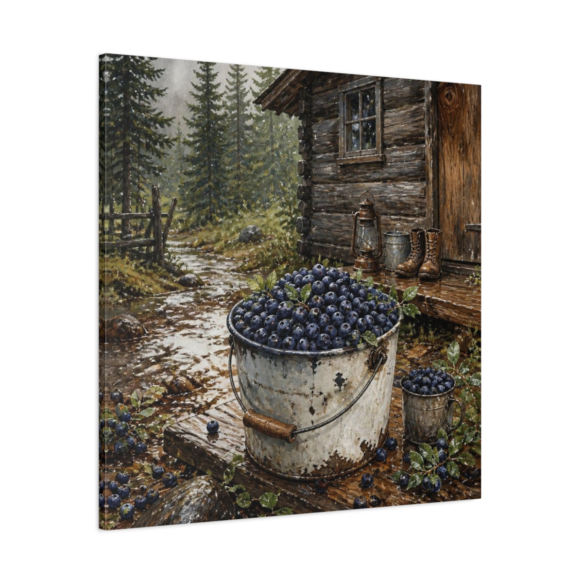 Side Mockup 1. Rustic Huckleberry Pail shown as canvas print