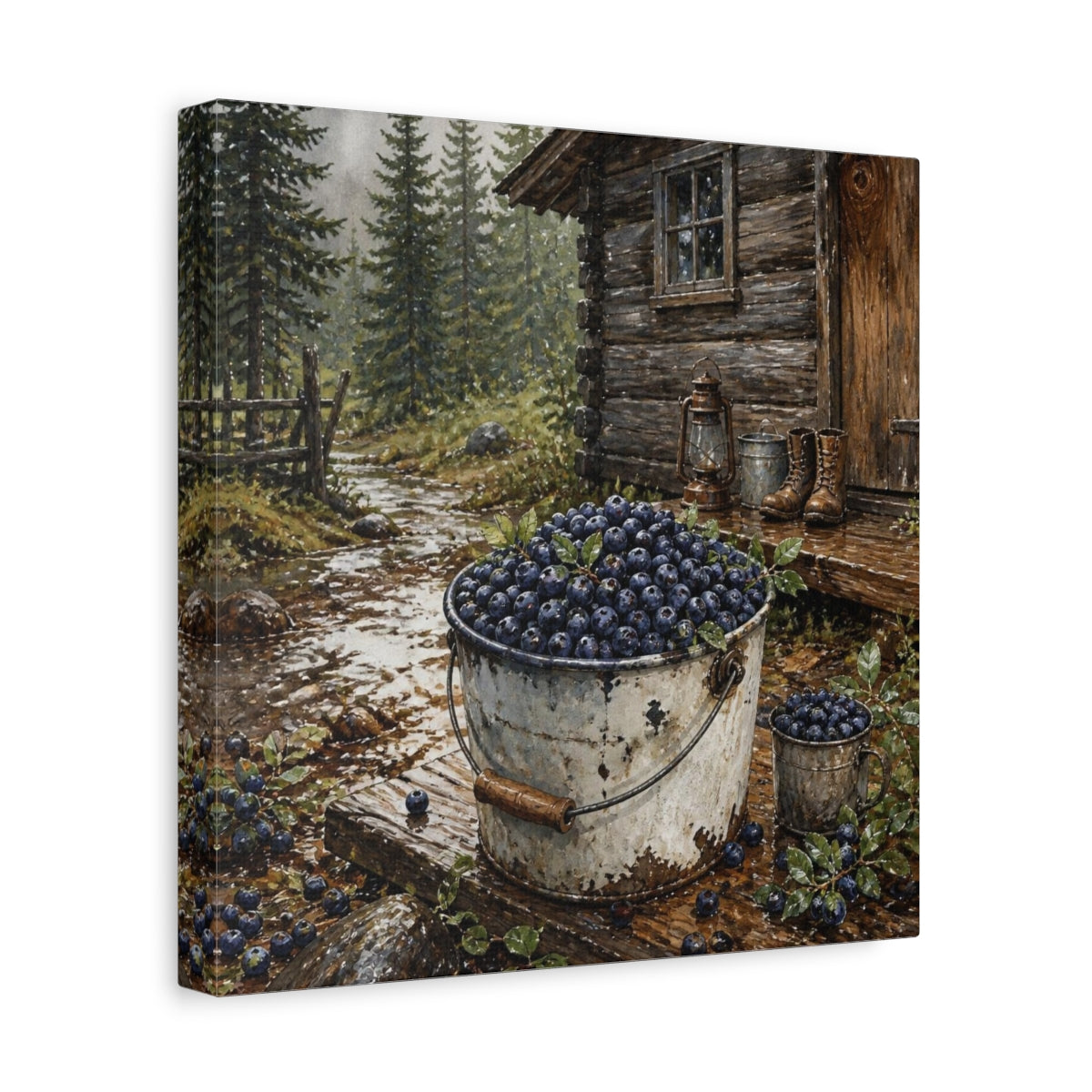 Side Mockup 8. Rustic Huckleberry Pail shown as canvas print