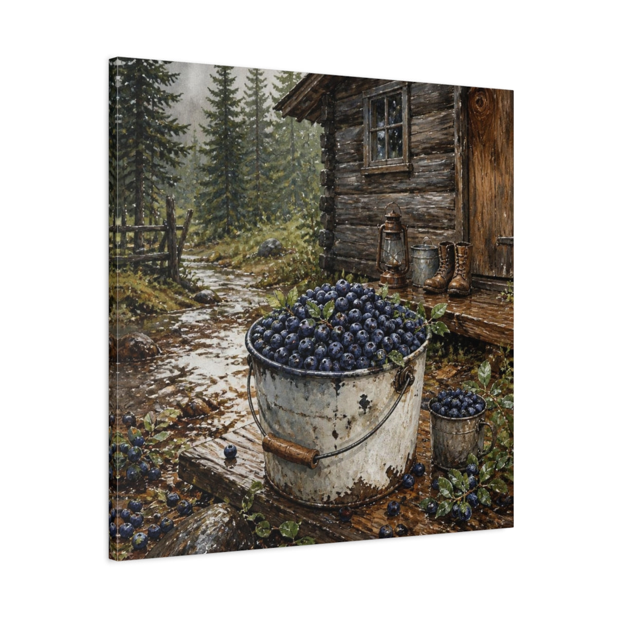 Side Mockup 3. Rustic Huckleberry Pail shown as canvas print