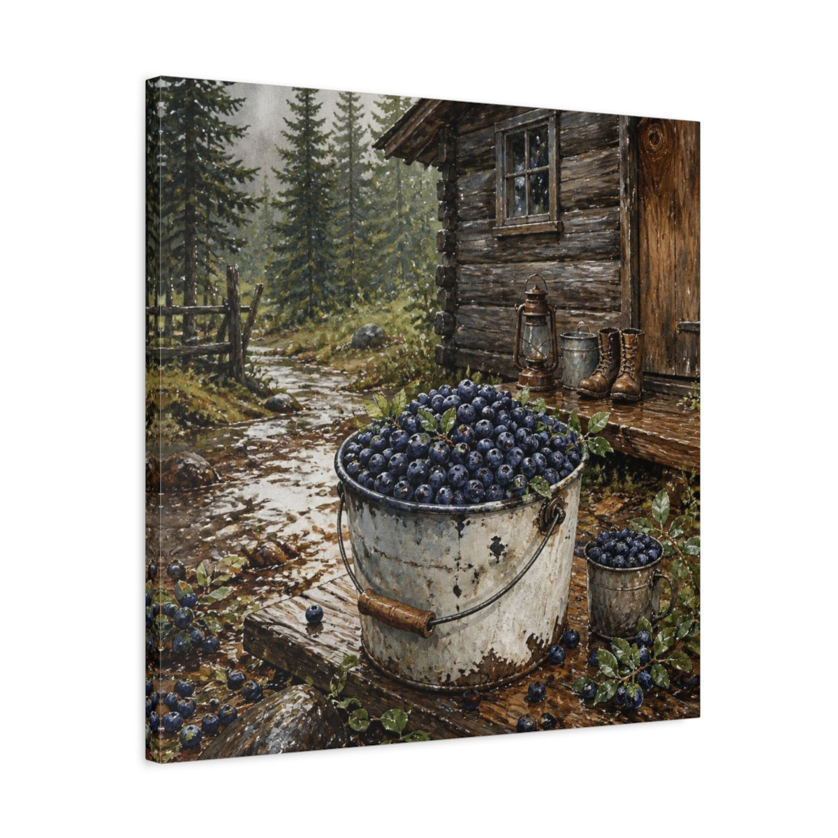 Side Mockup 4. Rustic Huckleberry Pail shown as canvas print