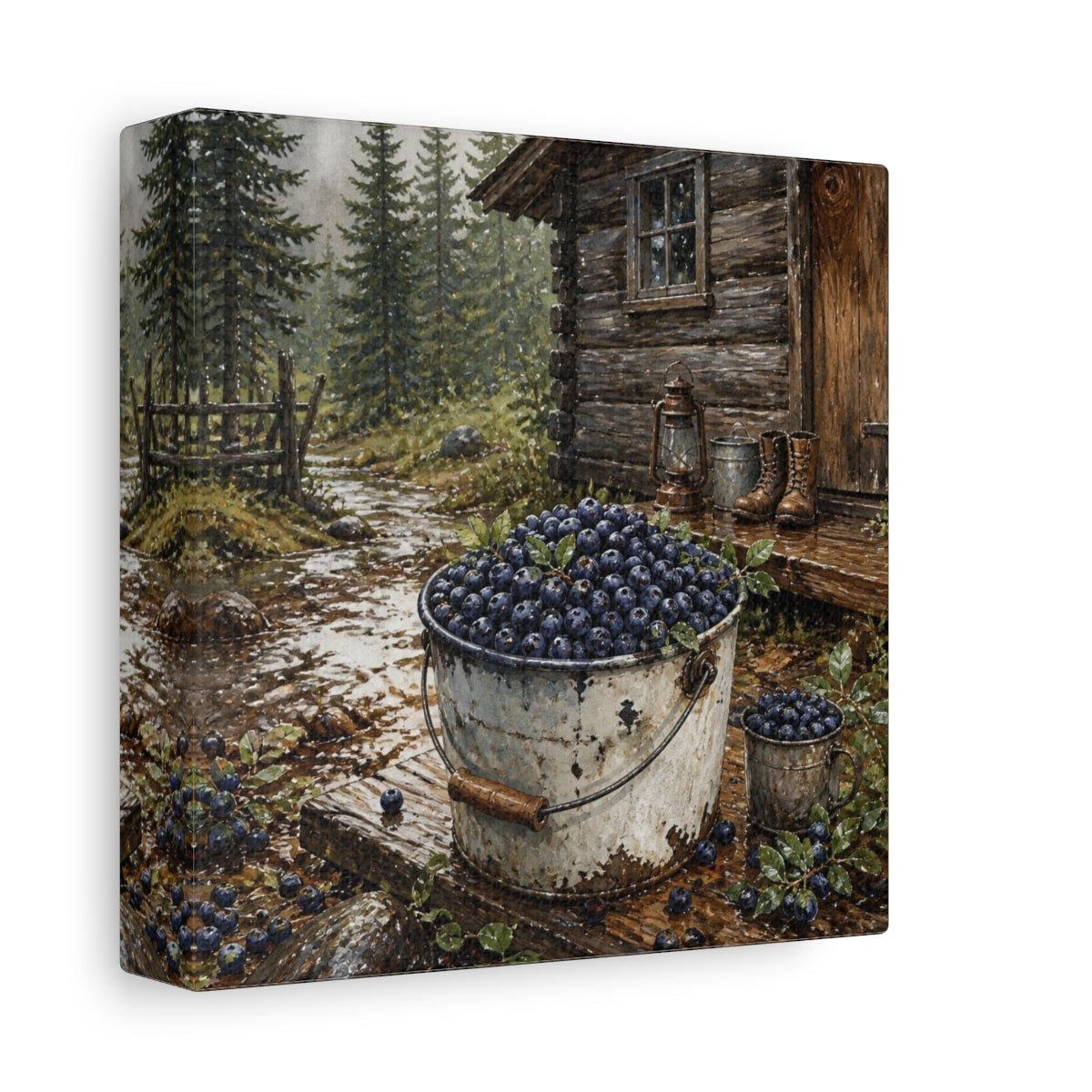 Side Mockup 2. Rustic Huckleberry Pail shown as canvas print