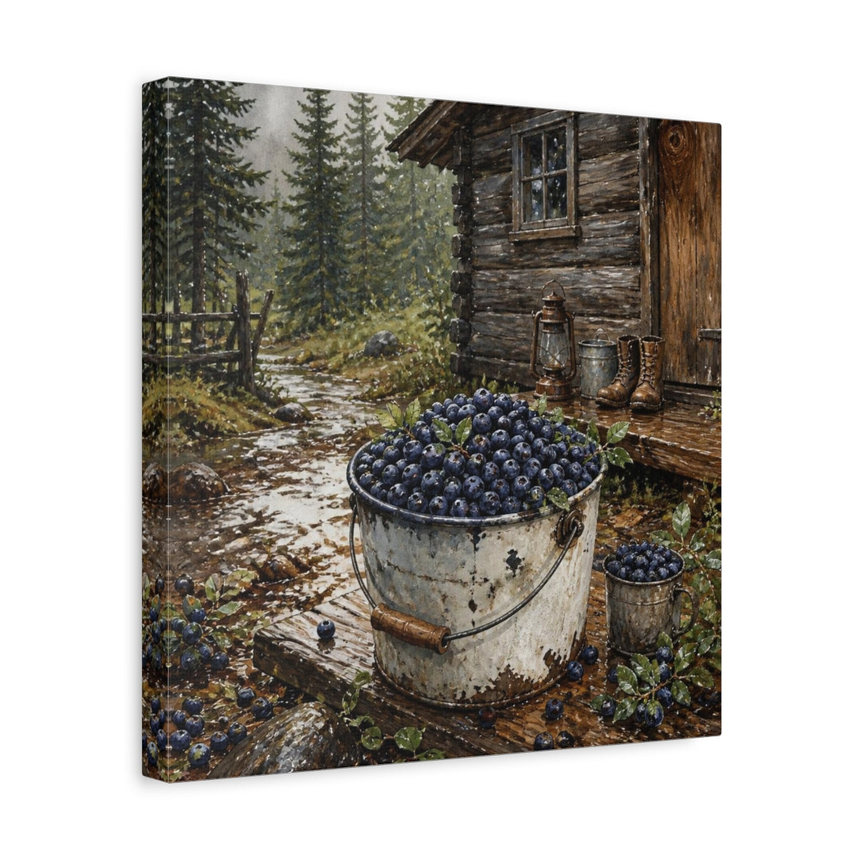 Side Mockup 7. Rustic Huckleberry Pail shown as canvas print