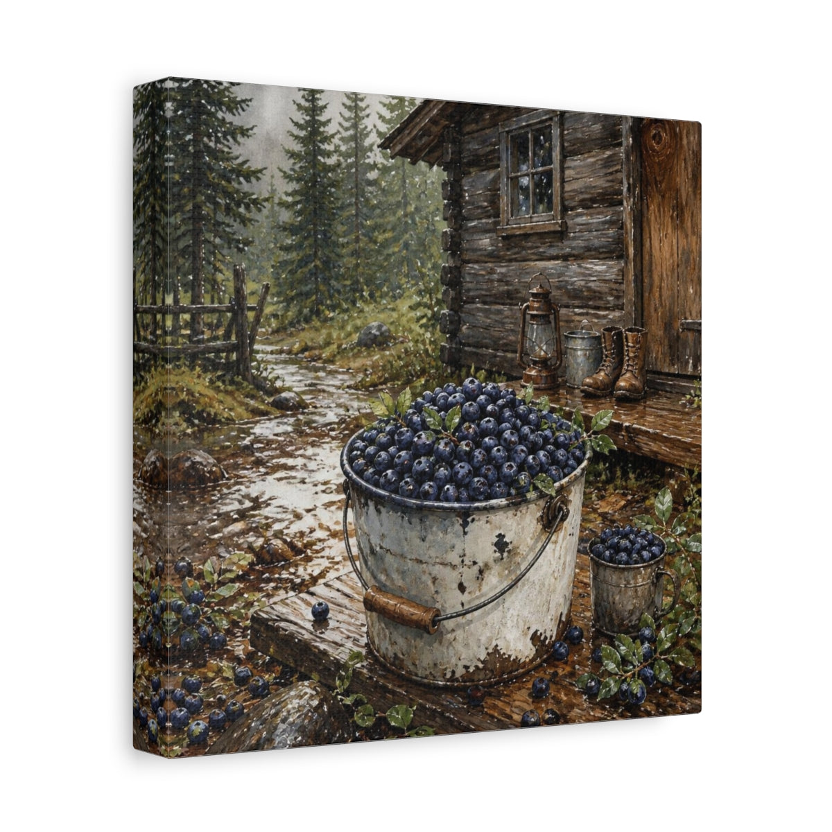 Side Mockup 9. Rustic Huckleberry Pail shown as canvas print
