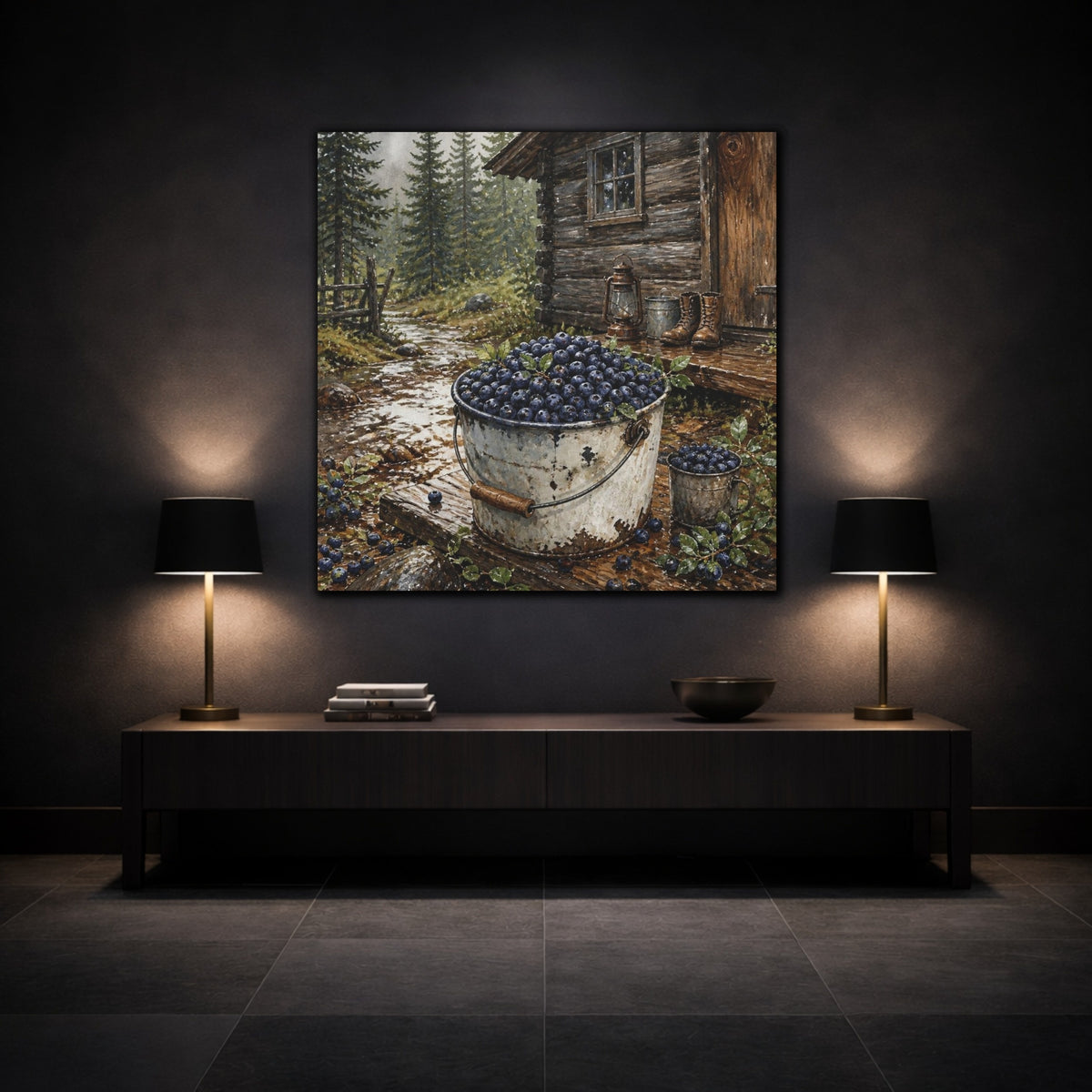 Mockup 3. Rustic Huckleberry Pail shown as canvas print