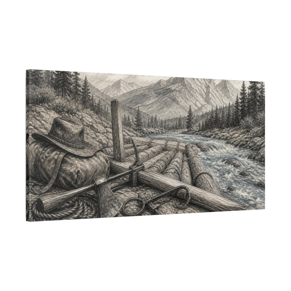 Main Mockup. Rustic Log Raft shown as canvas print