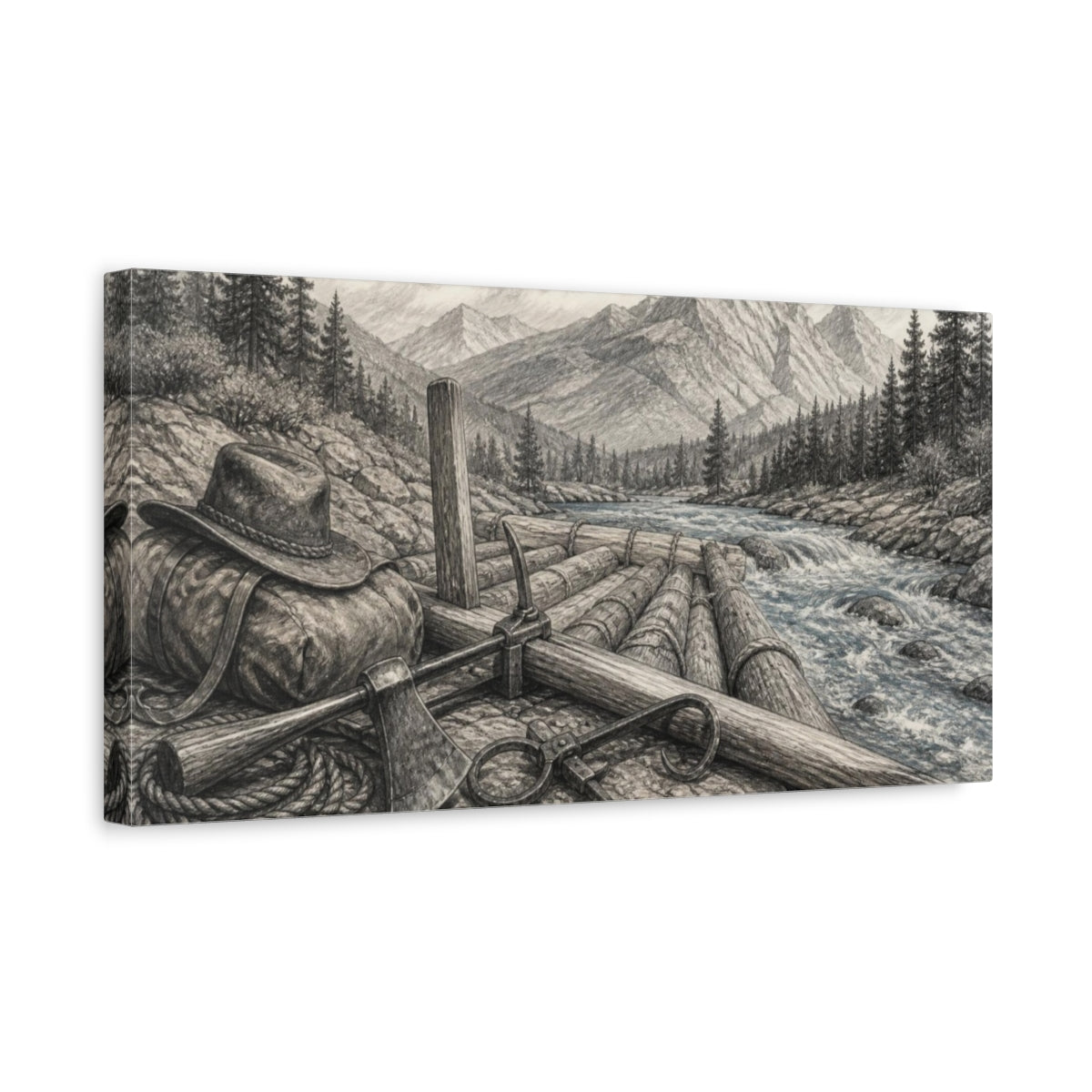Side Mockup 3. Rustic Log Raft shown as canvas print