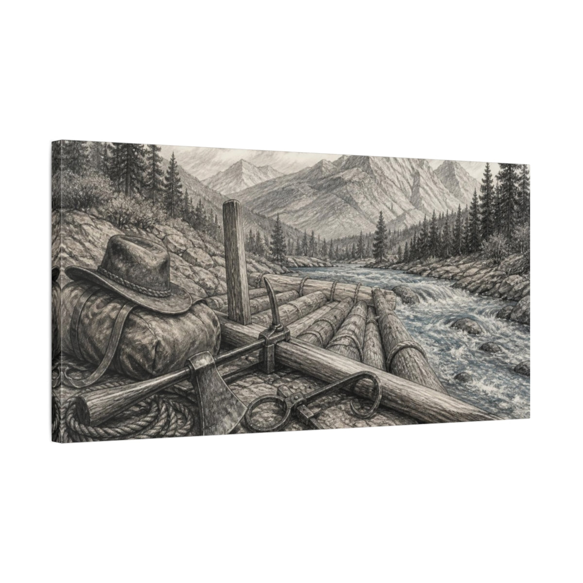 Side Mockup 1. Rustic Log Raft shown as canvas print