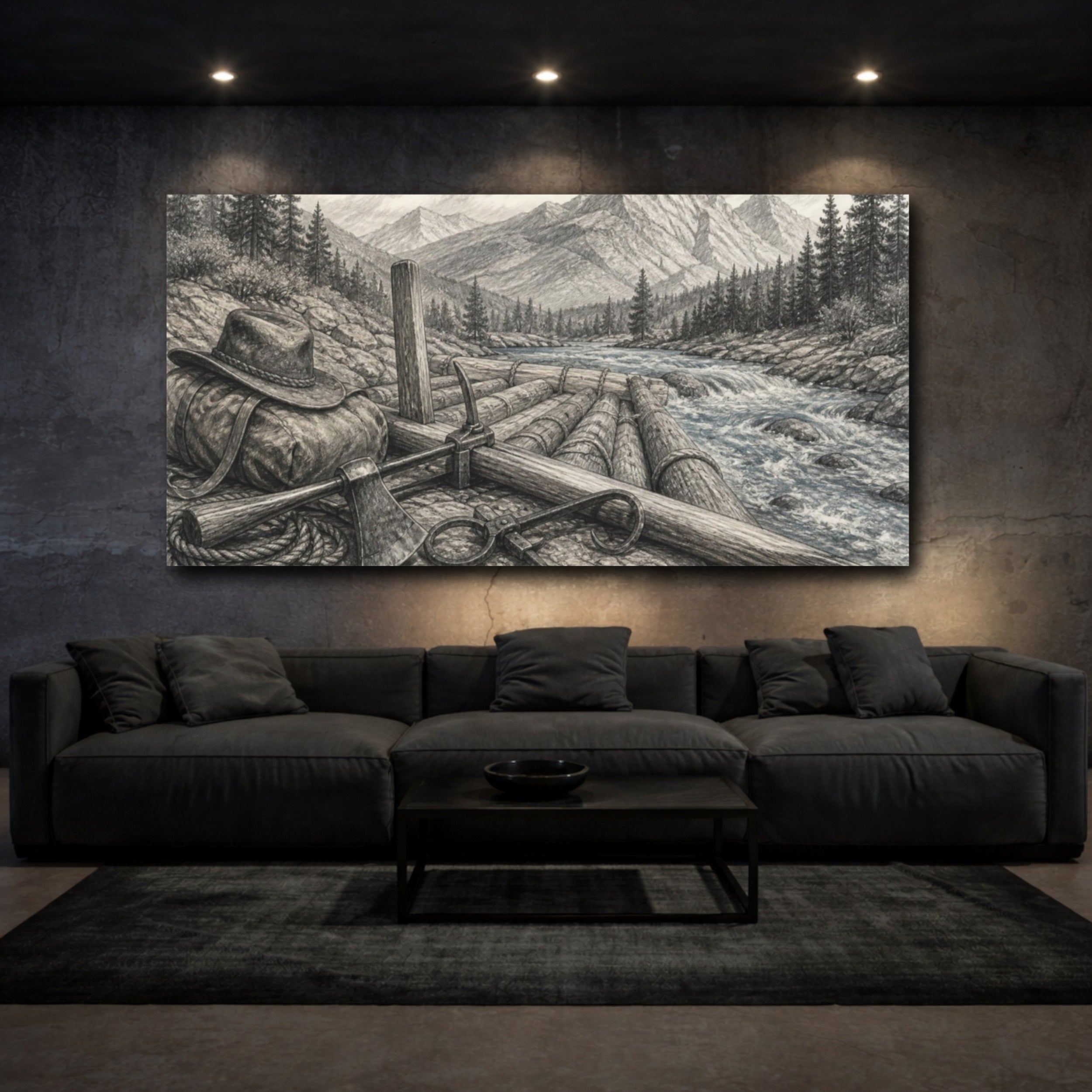 Mockup 3. Rustic Log Raft shown as canvas print