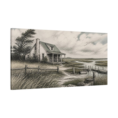 Main Mockup. Rustic Marsh Cottage shown as canvas print