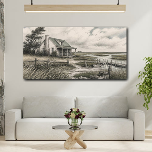 Mockup 2. Rustic Marsh Cottage shown as canvas print