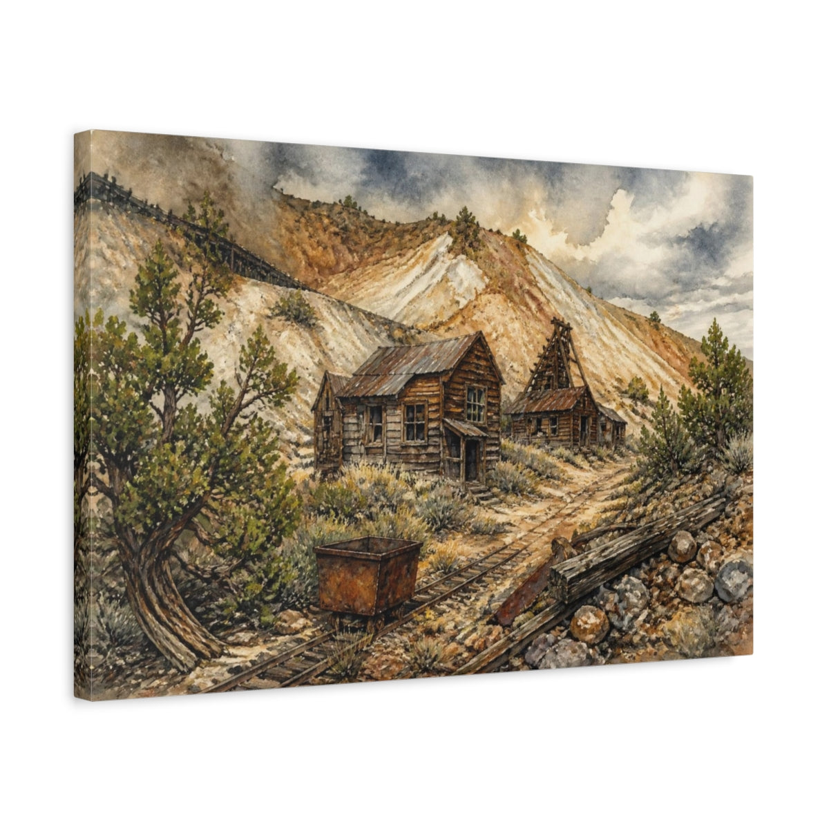 Side Mockup 3. Rustic Mining Cabins shown as canvas print