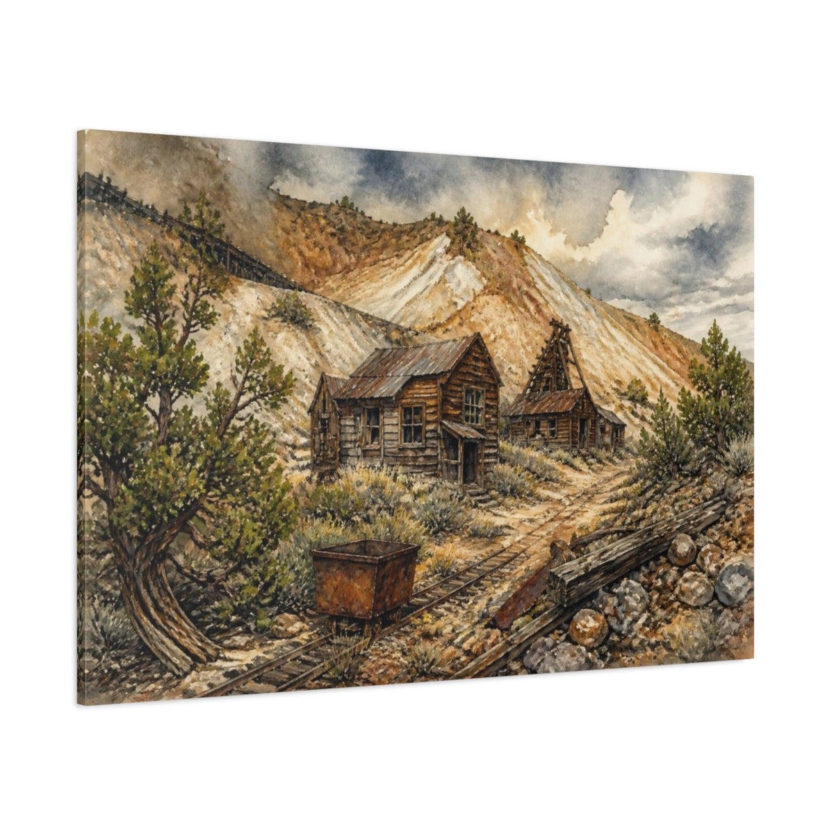 Side Mockup 1. Rustic Mining Cabins shown as canvas print