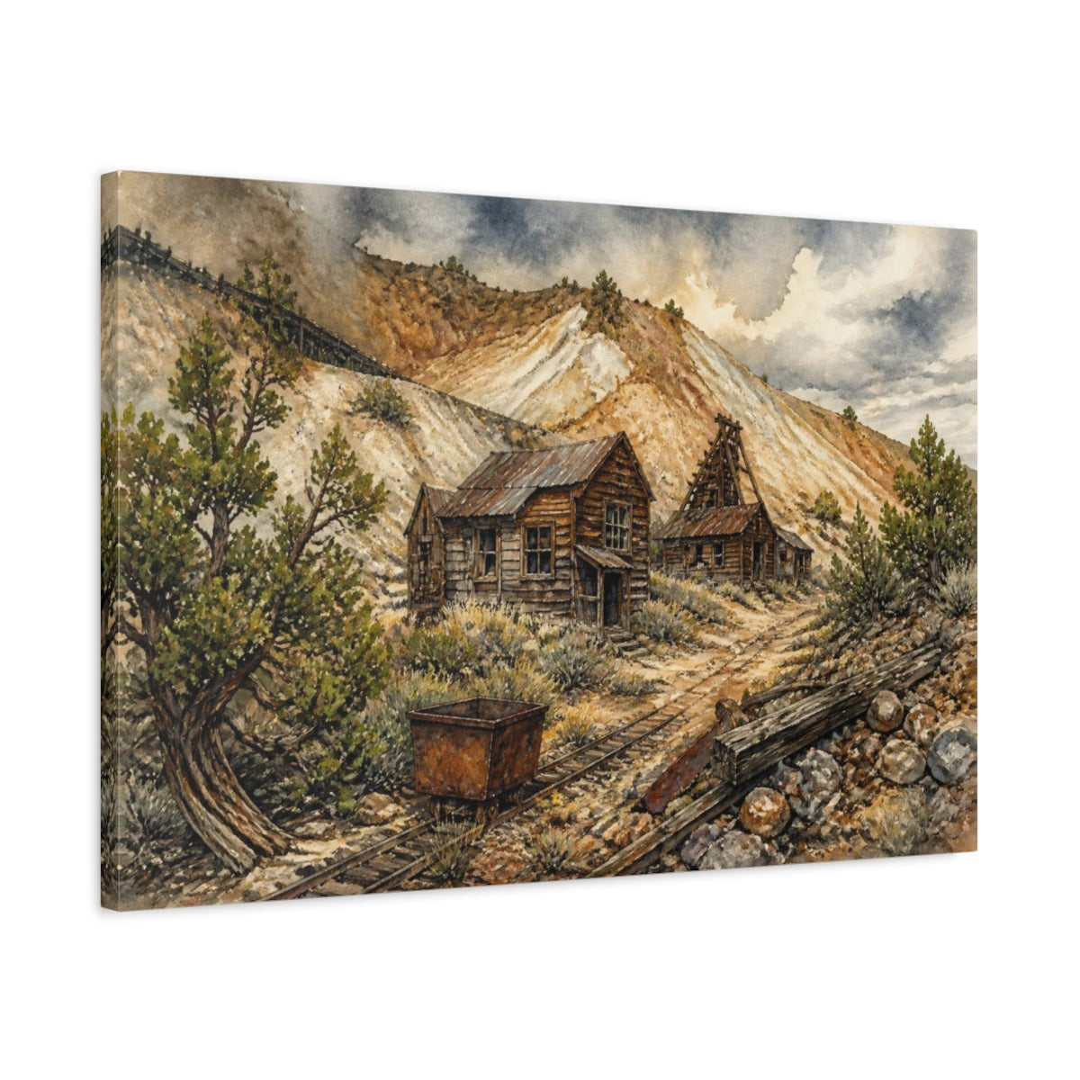 Side Mockup 2. Rustic Mining Cabins shown as canvas print
