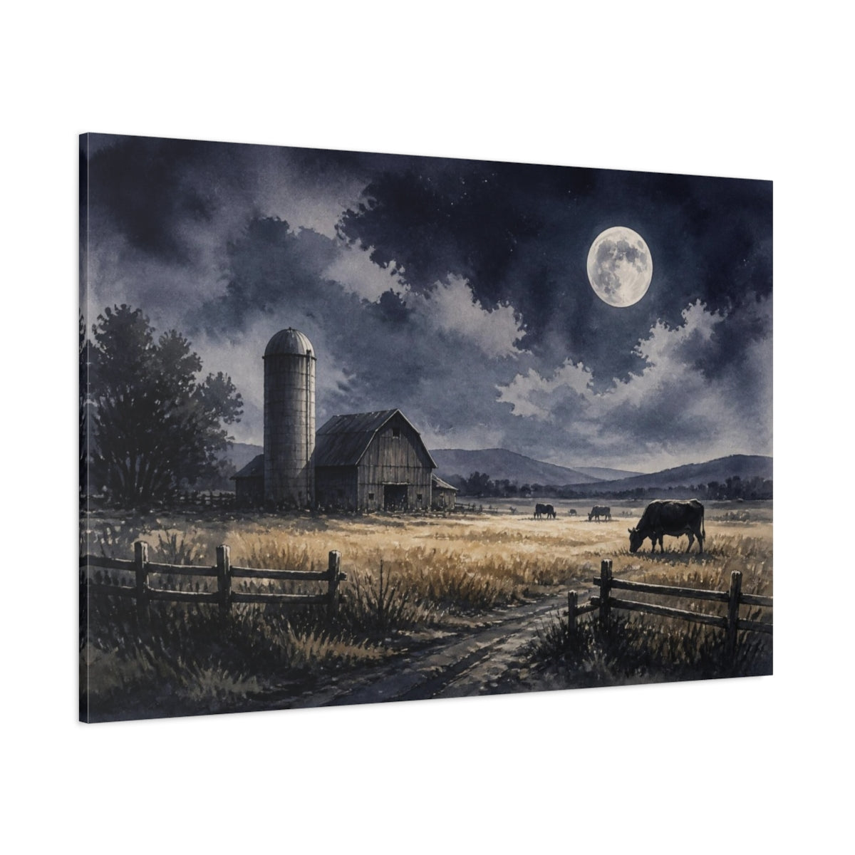 Side Mockup 1. Rustic Moonlit Barn shown as canvas print