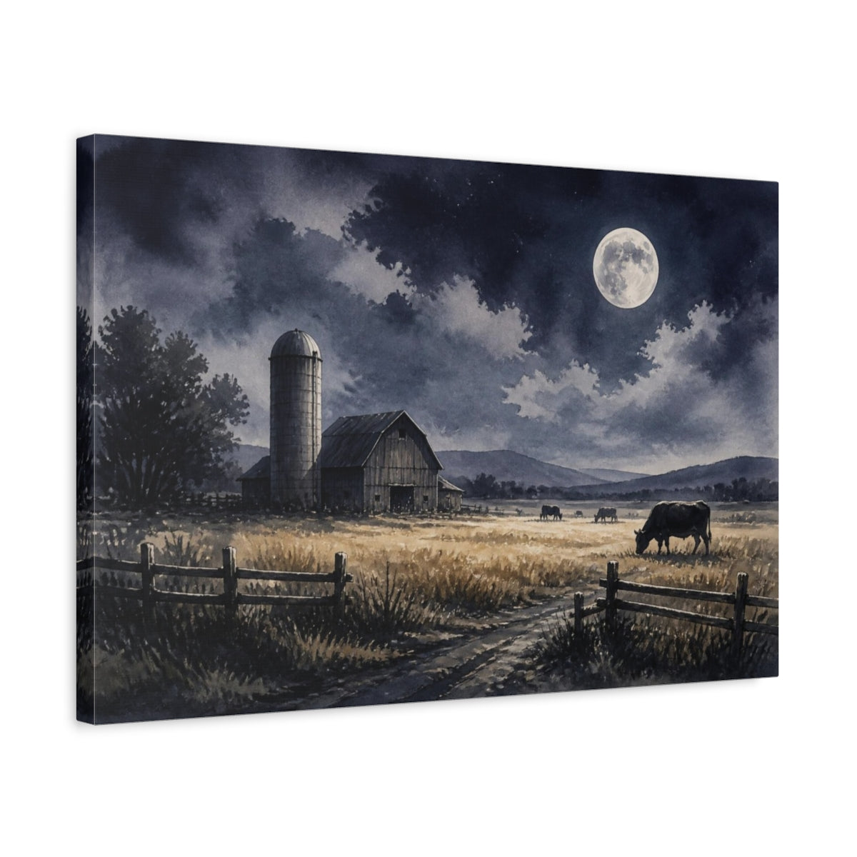Side Mockup 3. Rustic Moonlit Barn shown as canvas print