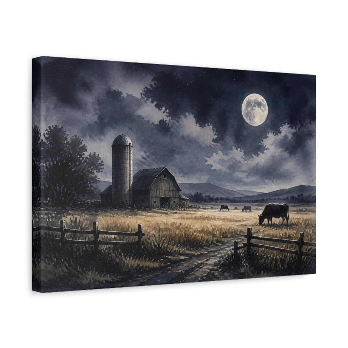 Side Mockup 4. Rustic Moonlit Barn shown as canvas print