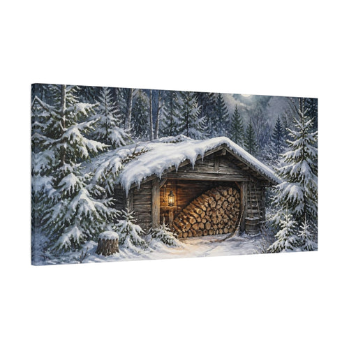 Main Mockup. Rustic Moonlit Woodshed shown as canvas print
