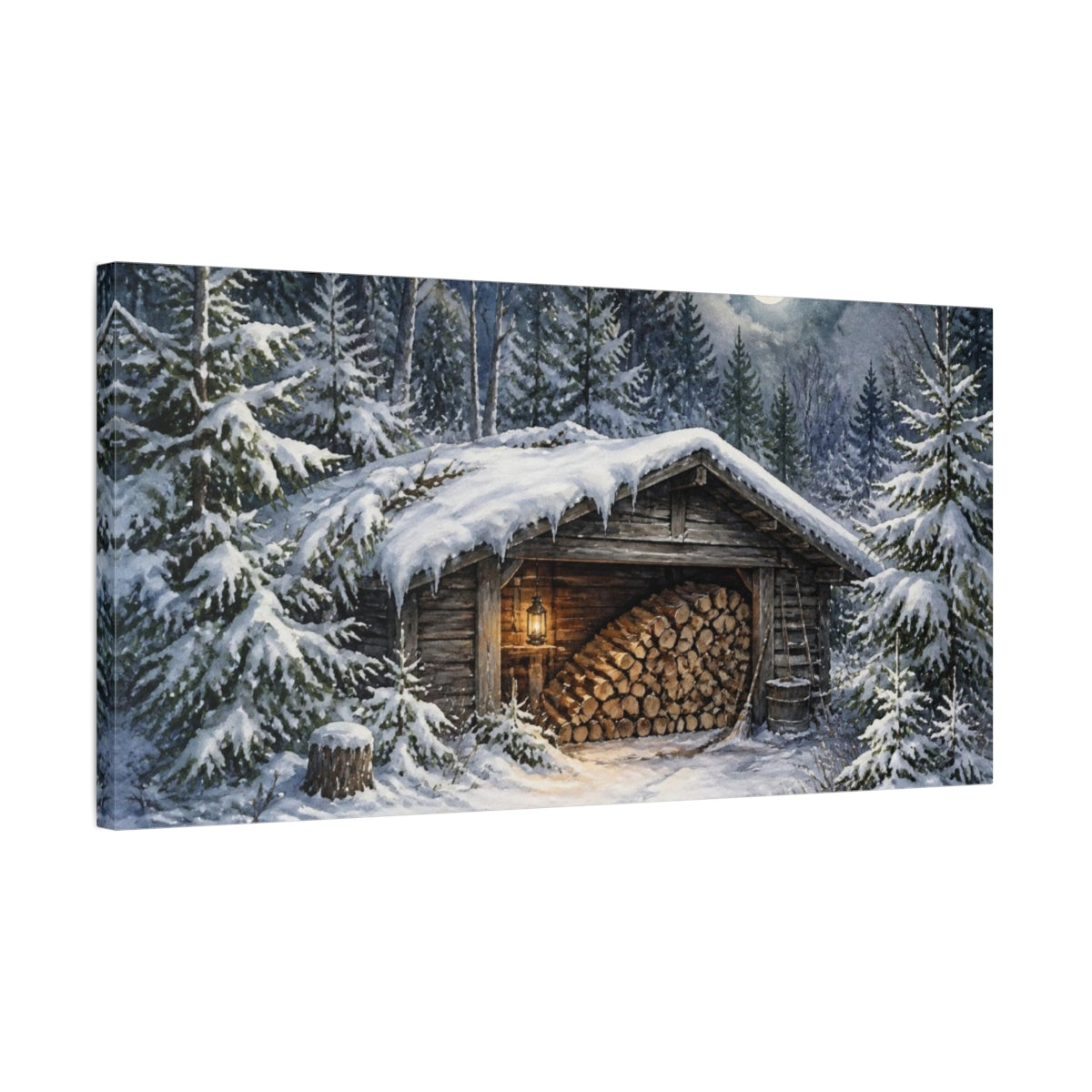Side Mockup 1. Rustic Moonlit Woodshed shown as canvas print
