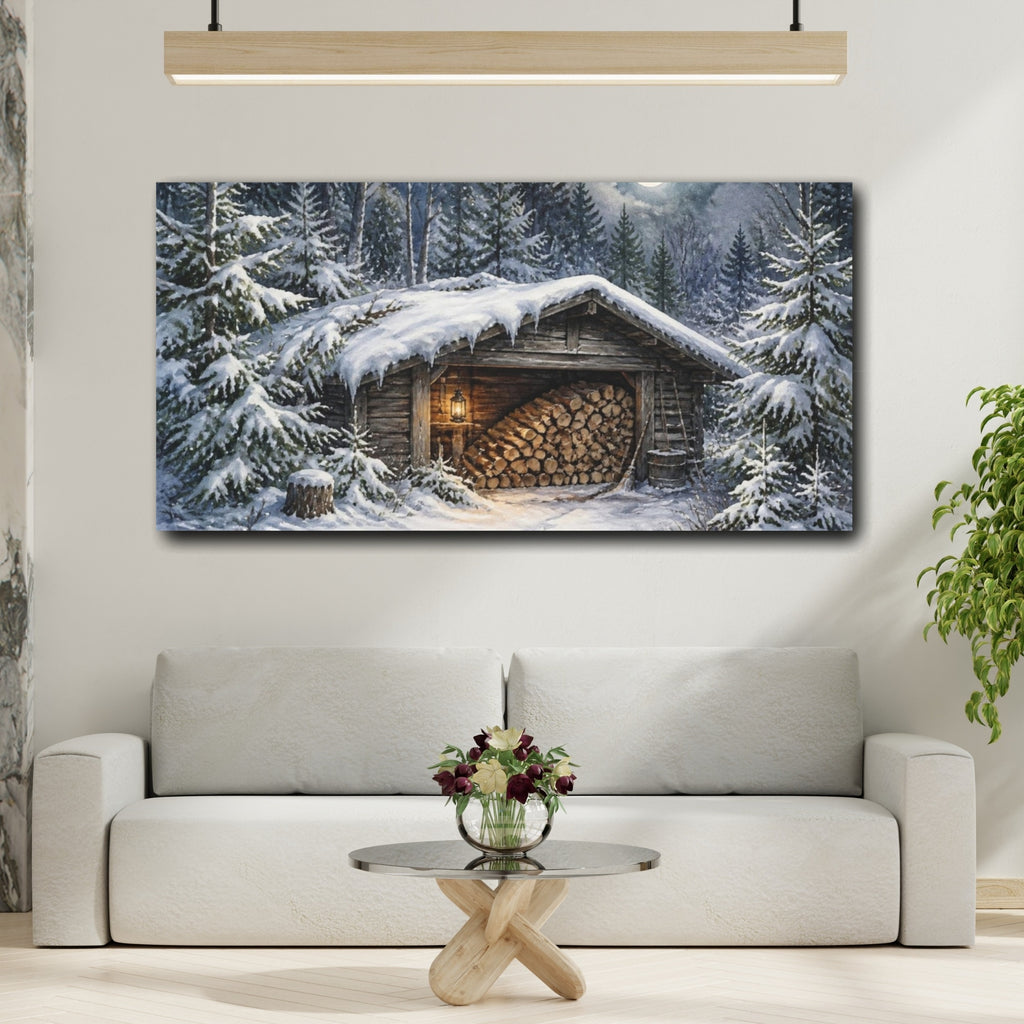 Mockup 2. Rustic Moonlit Woodshed shown as canvas print